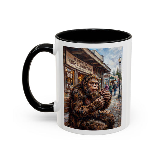 Bigfoot Street Scene Accent Coffee Mug — Sasquatch Eating Fudge in Vintage Town (11/15oz)