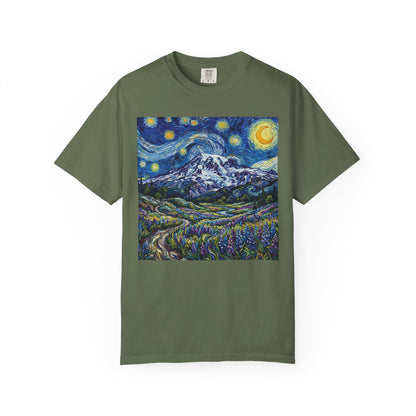 Mt Rainier with Lupines T-Shirt -- Starry Mountain Landscape Tee