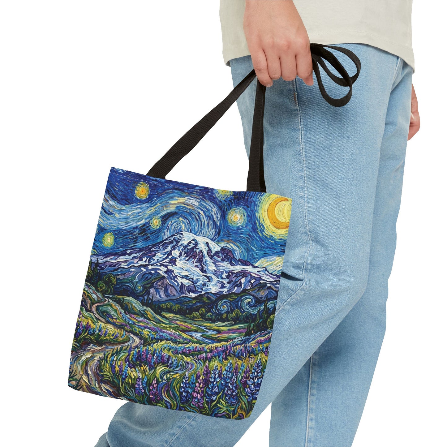 Starry Mountain Landscape Tote Bag — Van Gogh Style Mountain Night All-Over Print