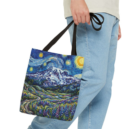 Starry Mountain Landscape Tote Bag — Van Gogh Style Mountain Night All-Over Print