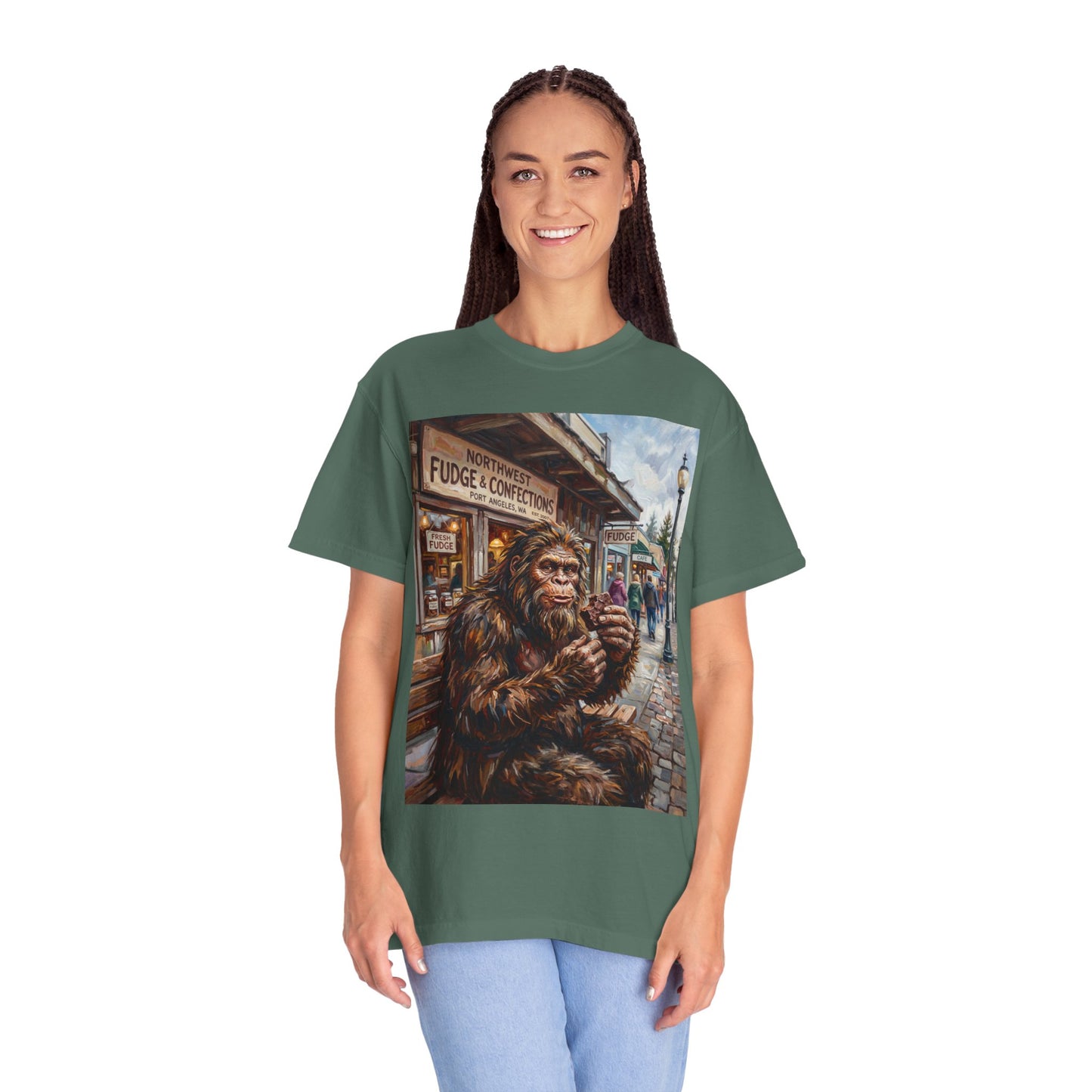 Bigfoot Fudge Shop T-Shirt — Sasquatch Street Scene Graphic Tee
