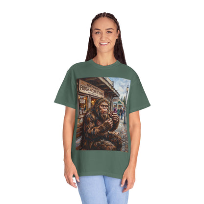 Bigfoot Fudge Shop T-Shirt — Sasquatch Street Scene Graphic Tee