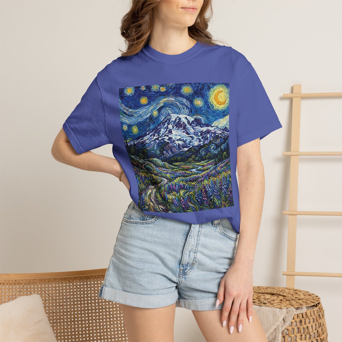 Mt Rainier with Lupines T-Shirt -- Starry Mountain Landscape Tee