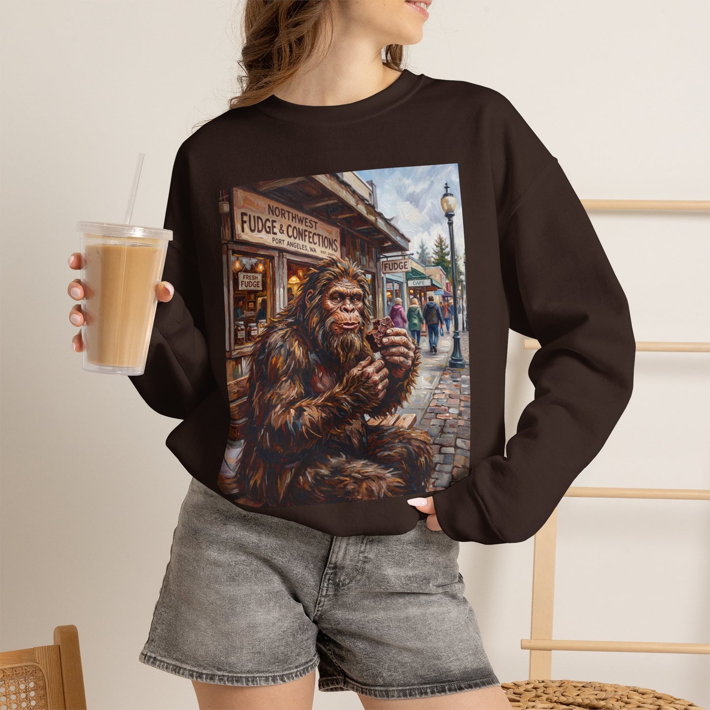 Bigfoot Eating Fudge Crewneck Sweatshirt — Funny Sasquatch Vintage Street Scene