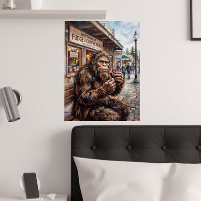 Sasquatch with Fudge at NW Fudge - Satin Poster — Retro Bigfoot Art Print