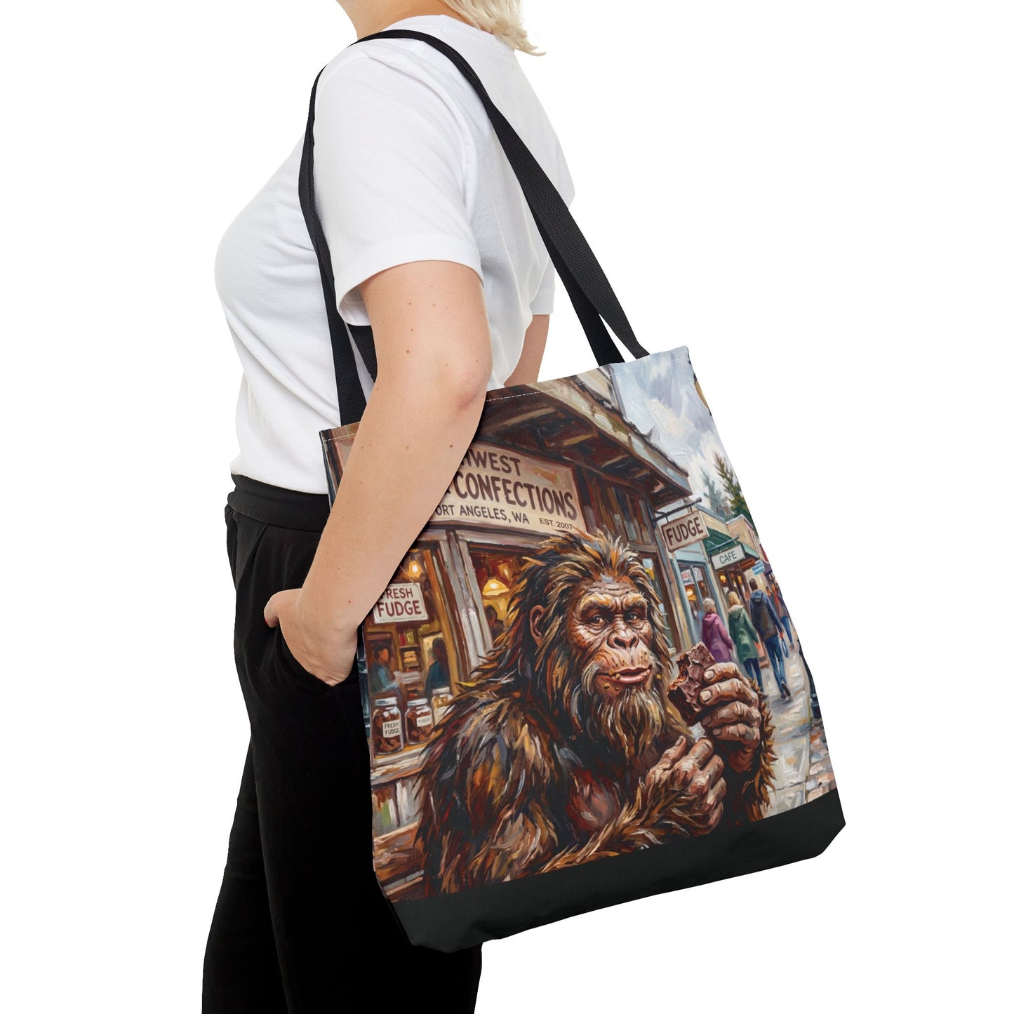 Bigfoot Fudge Shop Tote Bag — Quirky Sasquatch Market Art Tote