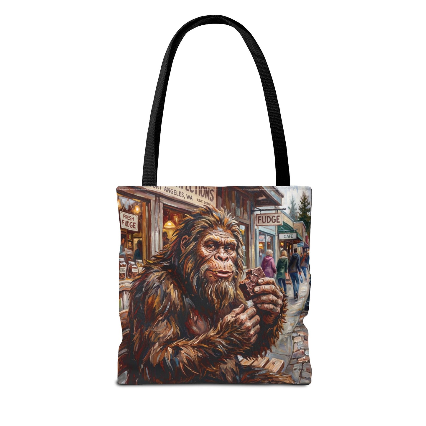 Bigfoot Fudge Shop Tote Bag — Quirky Sasquatch Market Art Tote