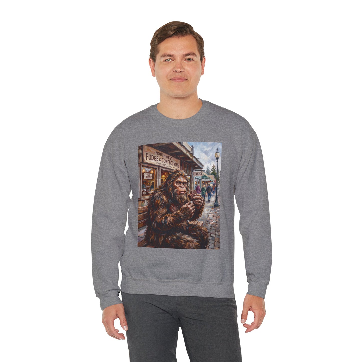 Bigfoot Eating Fudge Crewneck Sweatshirt — Funny Sasquatch Vintage Street Scene