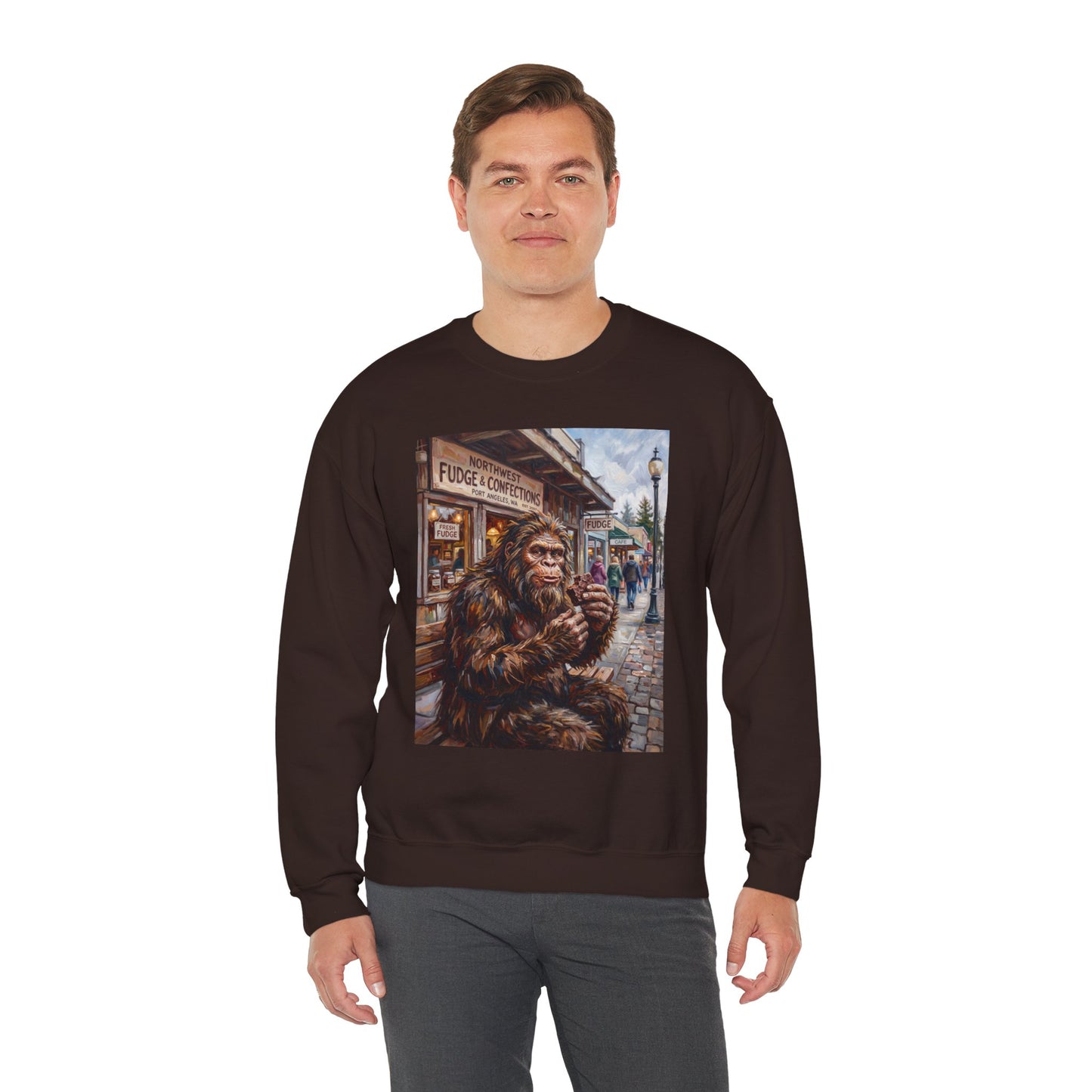 Bigfoot Eating Fudge Crewneck Sweatshirt — Funny Sasquatch Vintage Street Scene