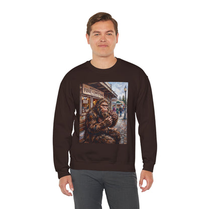 Bigfoot Eating Fudge Crewneck Sweatshirt — Funny Sasquatch Vintage Street Scene