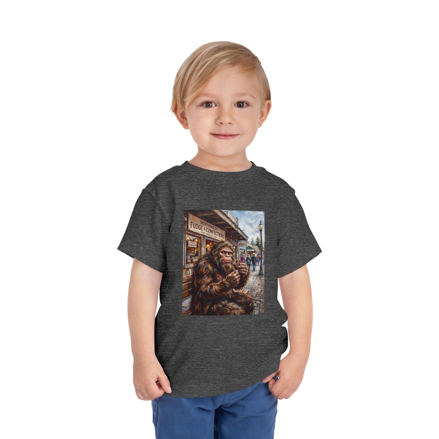 Toddler Tee — Vintage Bigfoot Eating Donut Street Scene