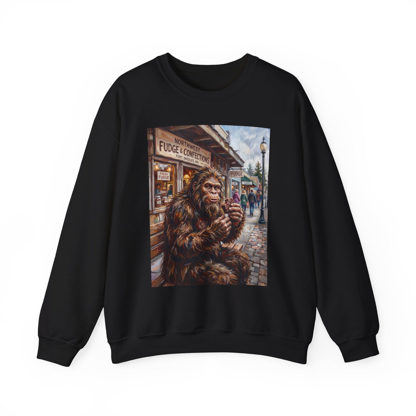 Bigfoot Eating Fudge Crewneck Sweatshirt — Funny Sasquatch Vintage Street Scene