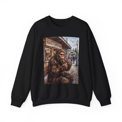 Bigfoot Eating Fudge Crewneck Sweatshirt — Funny Sasquatch Vintage Street Scene