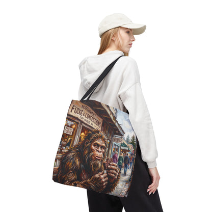 Bigfoot Fudge Shop Tote Bag — Whimsical Sasquatch Street Scene All-Over Print Tote