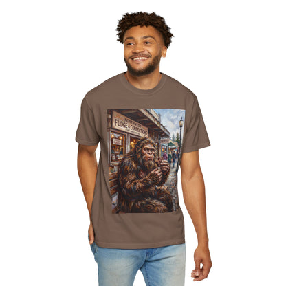 Bigfoot Fudge Shop T-Shirt — Sasquatch Street Scene Graphic Tee