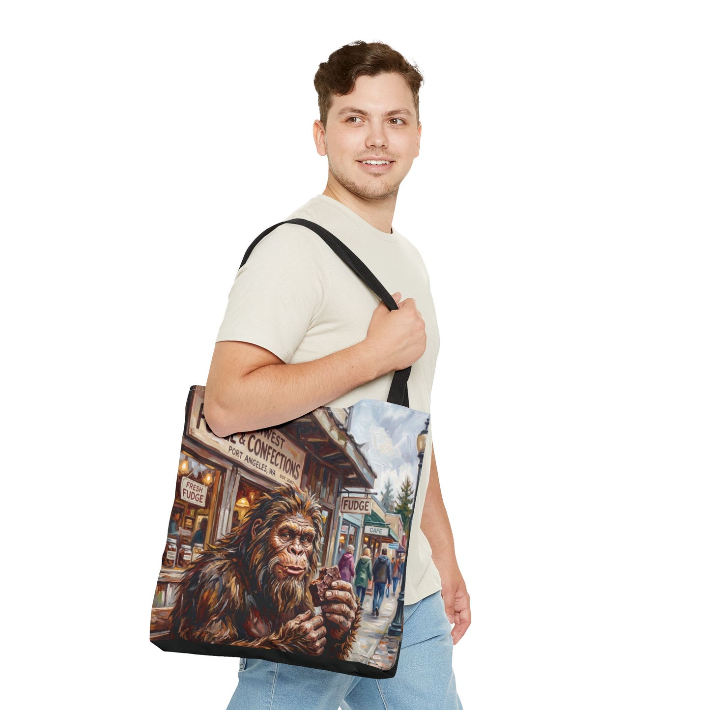 Bigfoot Fudge Shop Tote Bag — Quirky Sasquatch Market Art Tote