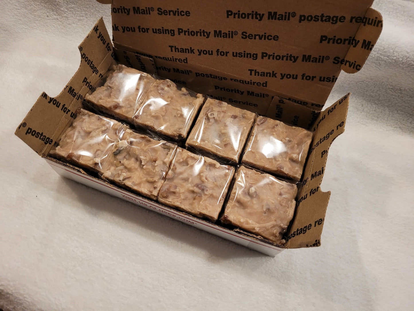 8 piece box of german chocolate cake fudge in shipping box