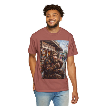 Bigfoot Fudge Shop T-Shirt — Sasquatch Street Scene Graphic Tee