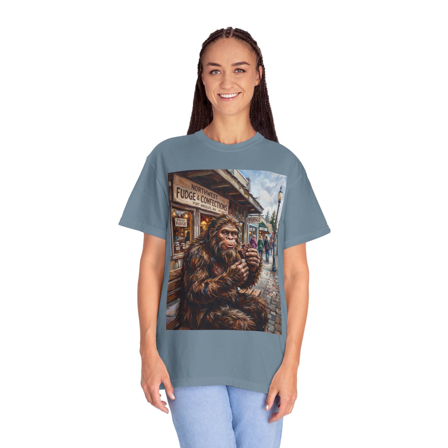 Bigfoot Fudge Shop T-Shirt — Sasquatch Street Scene Graphic Tee