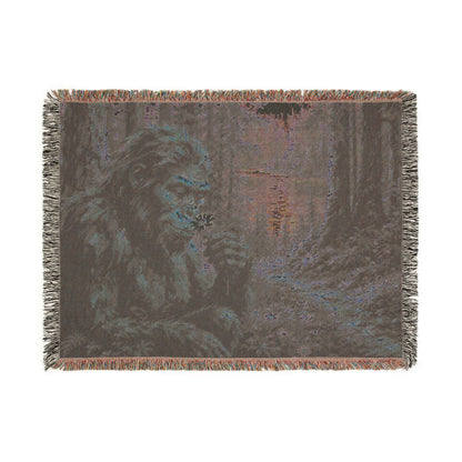 Bigfoot Forest Woven Blanket — Retro Sasquatch Woodland Throw