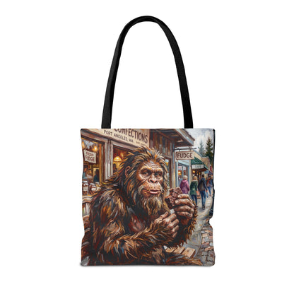 Bigfoot Fudge Shop Tote Bag — Whimsical Sasquatch Street Scene All-Over Print Tote