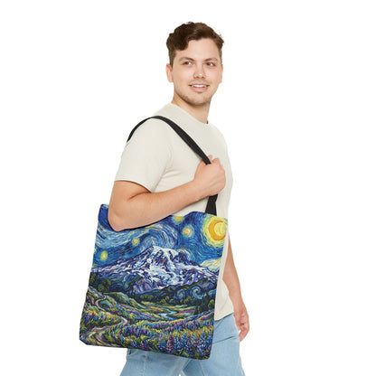 Starry Mountain Landscape Tote Bag — Van Gogh Style Mountain Night All-Over Print