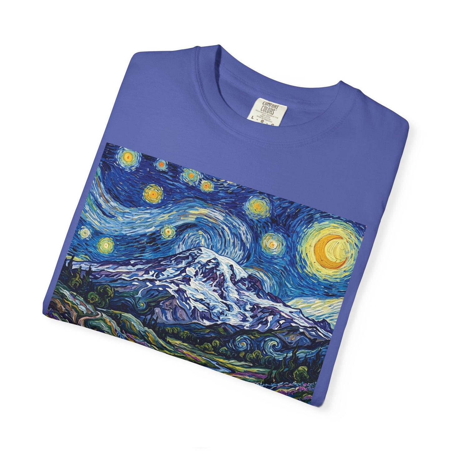 Mt Rainier with Lupines T-Shirt -- Starry Mountain Landscape Tee
