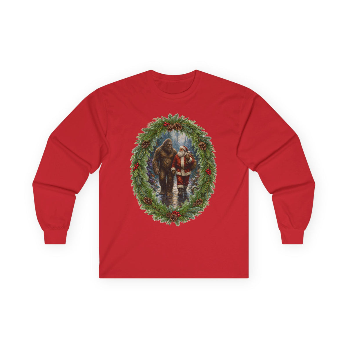 Santa with Sasquatch Christmas Long Sleeve Tee