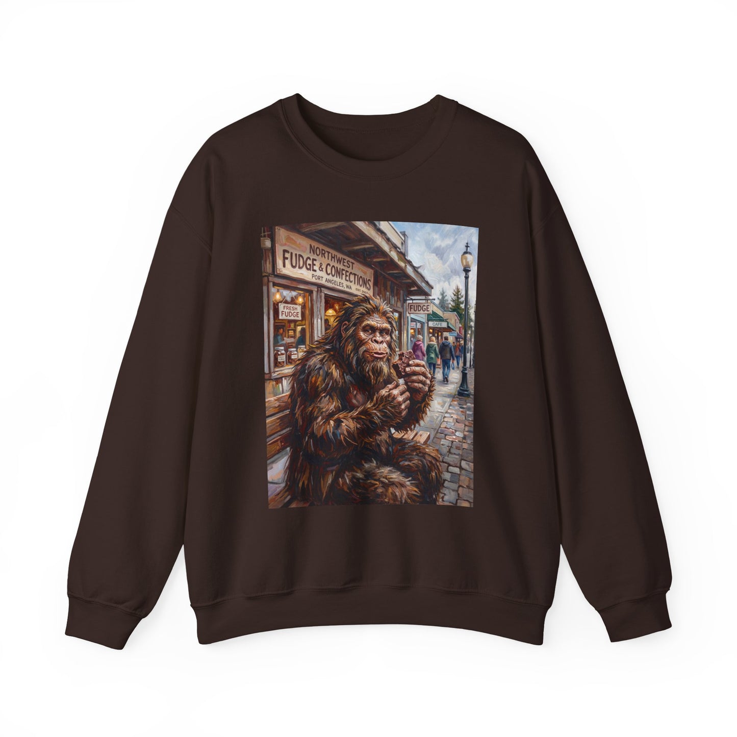 Bigfoot Eating Fudge Crewneck Sweatshirt — Funny Sasquatch Vintage Street Scene