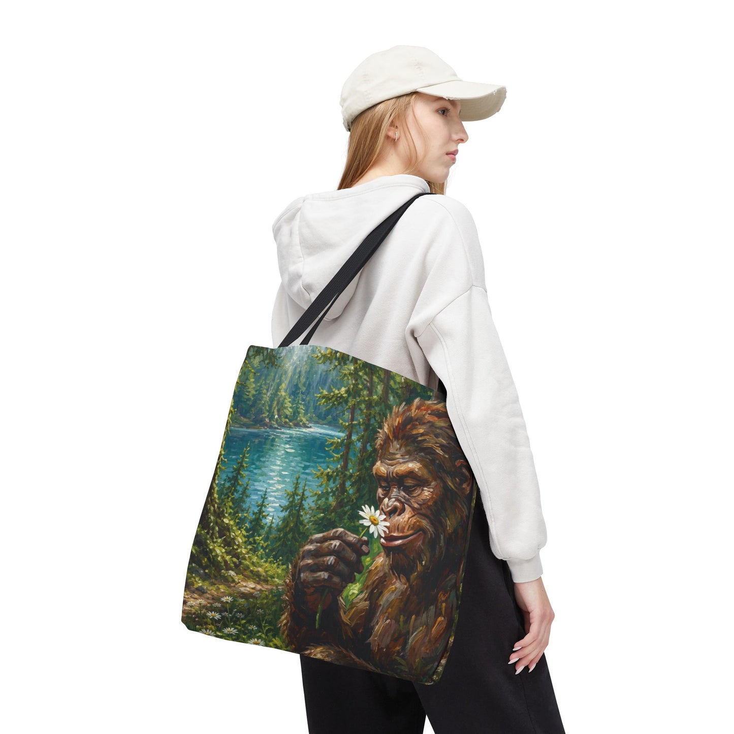 Sasquatch Meadow Tote Bag — Whimsical Bigfoot Nature Canvas Tote