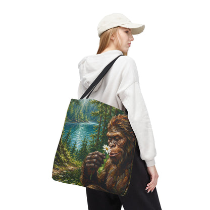Sasquatch Meadow Tote Bag — Whimsical Bigfoot Nature Canvas Tote