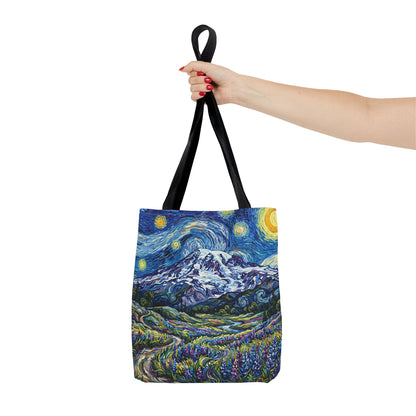 Starry Mountain Landscape Tote Bag — Van Gogh Style Mountain Night All-Over Print