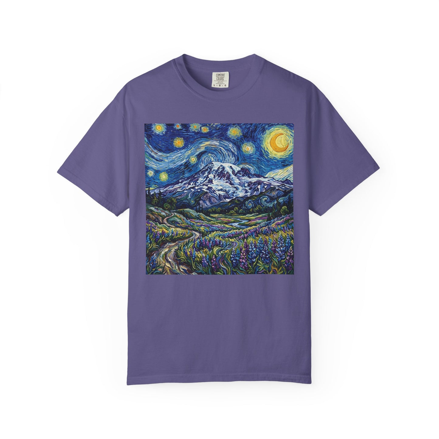 Mt Rainier with Lupines T-Shirt -- Starry Mountain Landscape Tee
