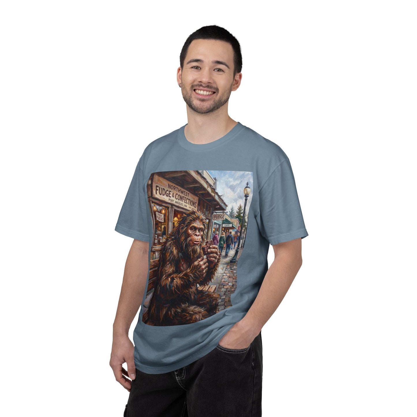Bigfoot Fudge Shop T-Shirt — Sasquatch Street Scene Graphic Tee