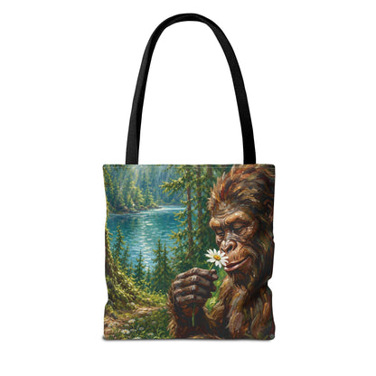 Sasquatch Meadow Tote Bag — Whimsical Bigfoot Nature Canvas Tote