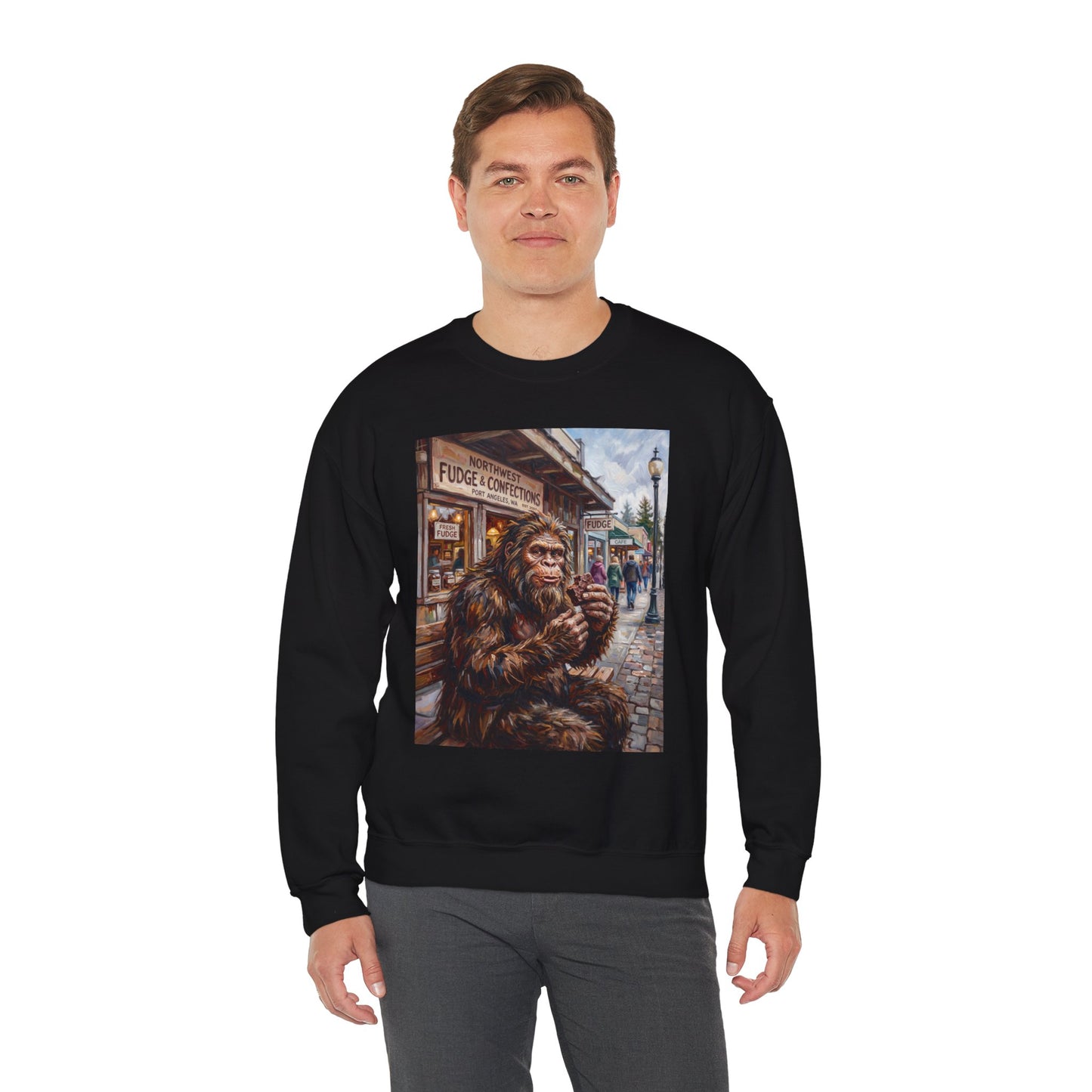 Bigfoot Eating Fudge Crewneck Sweatshirt — Funny Sasquatch Vintage Street Scene
