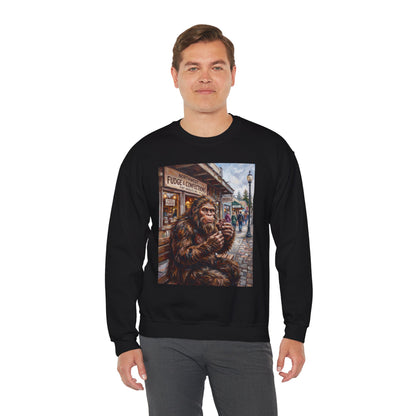 Bigfoot Eating Fudge Crewneck Sweatshirt — Funny Sasquatch Vintage Street Scene