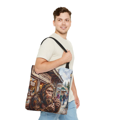 Bigfoot Fudge Shop Tote Bag — Whimsical Sasquatch Street Scene All-Over Print Tote