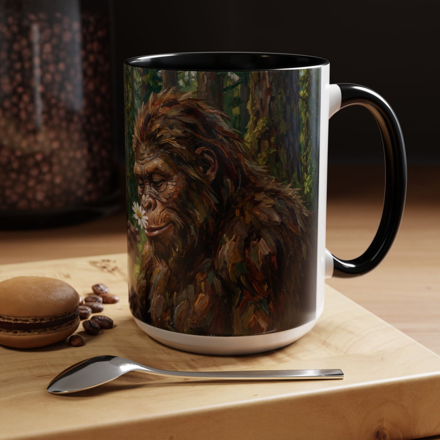 Bigfoot Forest Coffee Mug — Sasquatch Holding Daisy 11oz or 15oz Accent Mug