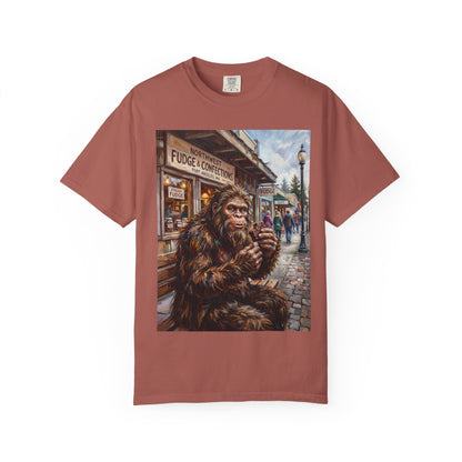 Bigfoot Fudge Shop T-Shirt — Sasquatch Street Scene Graphic Tee
