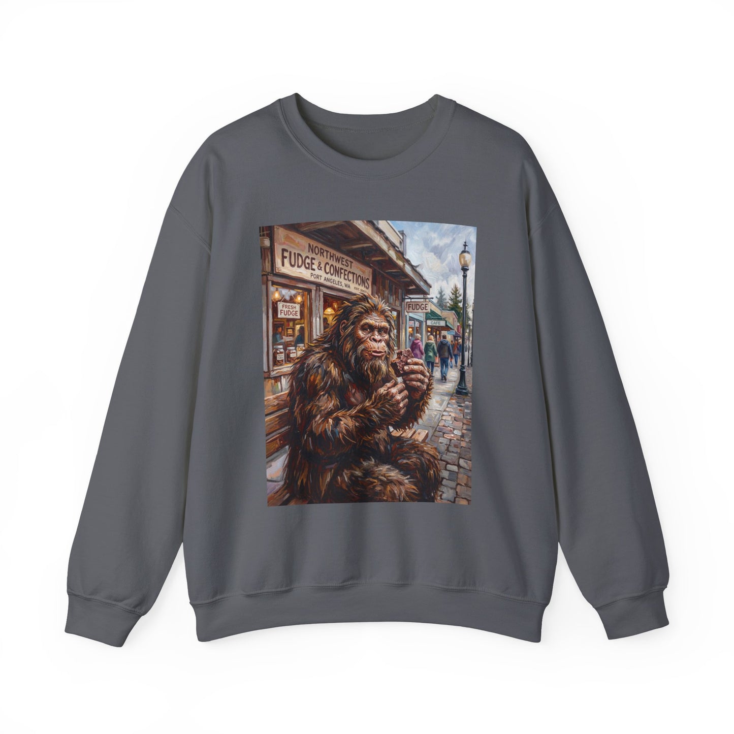 Bigfoot Eating Fudge Crewneck Sweatshirt — Funny Sasquatch Vintage Street Scene