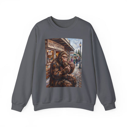 Bigfoot Eating Fudge Crewneck Sweatshirt — Funny Sasquatch Vintage Street Scene