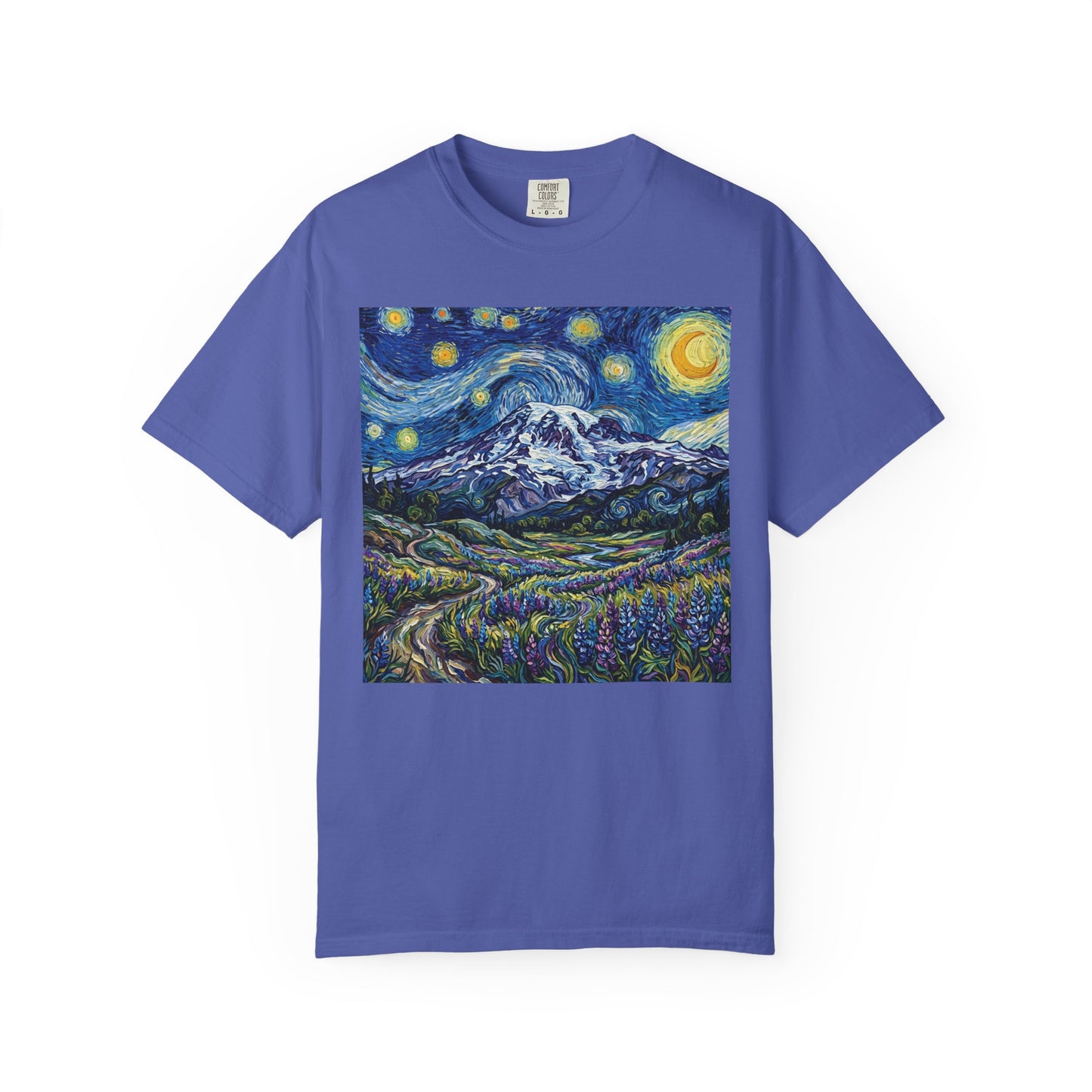 Mt Rainier with Lupines T-Shirt -- Starry Mountain Landscape Tee