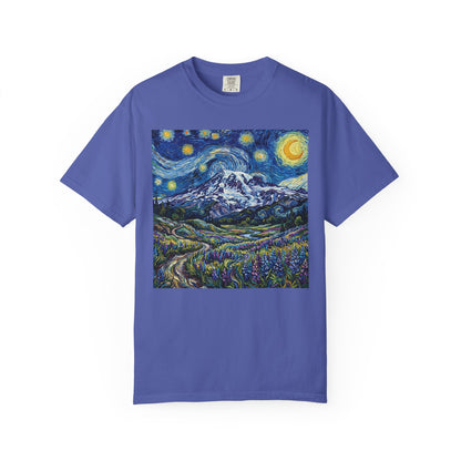 Mt Rainier with Lupines T-Shirt -- Starry Mountain Landscape Tee