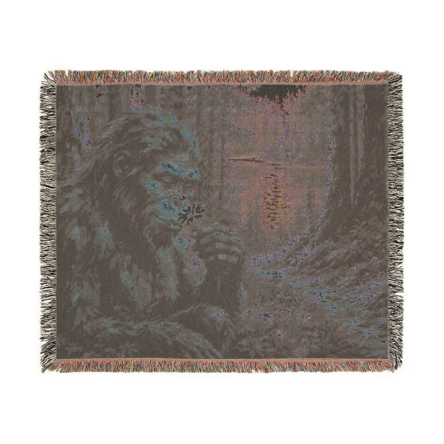 Bigfoot Forest Woven Blanket — Retro Sasquatch Woodland Throw