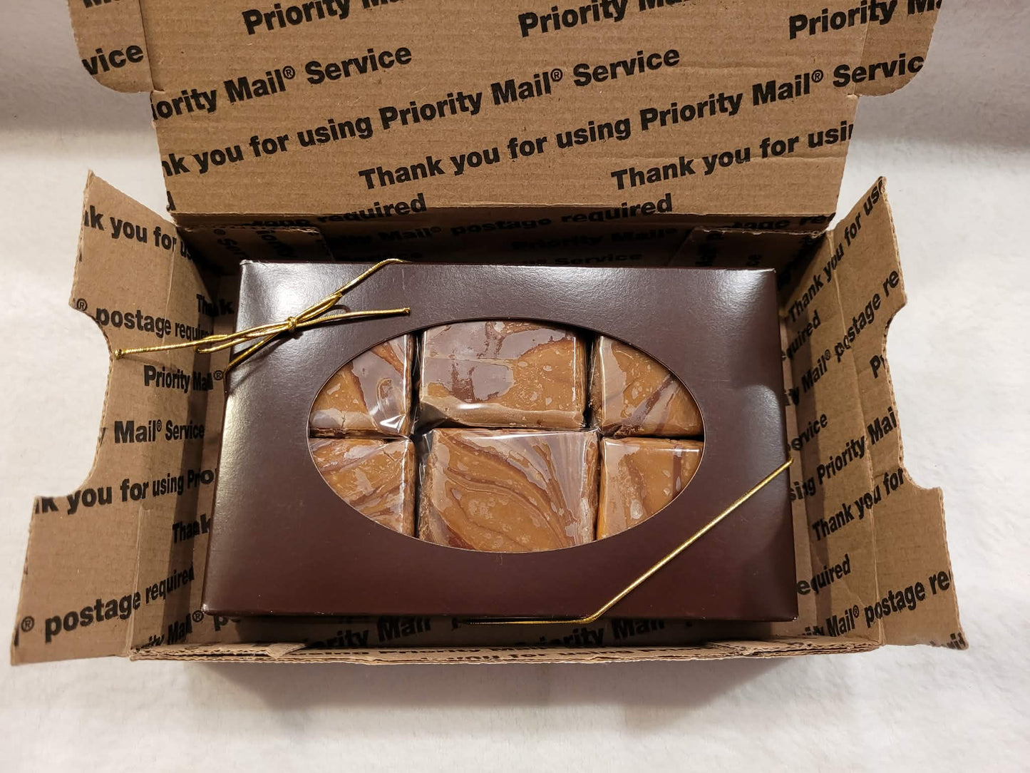 Gift Box of Chocolate Caramel Mocha Fudge in a shipping box