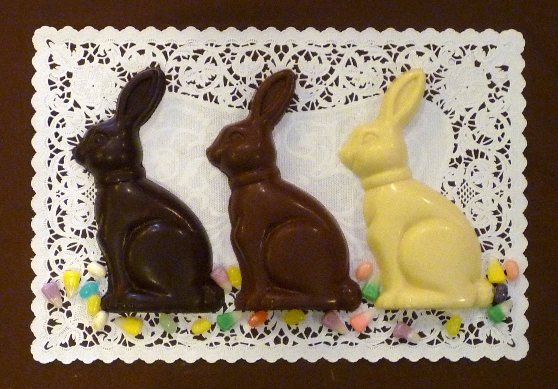 Handmade Easter Bunny in Dark, Milk and White Chocolate