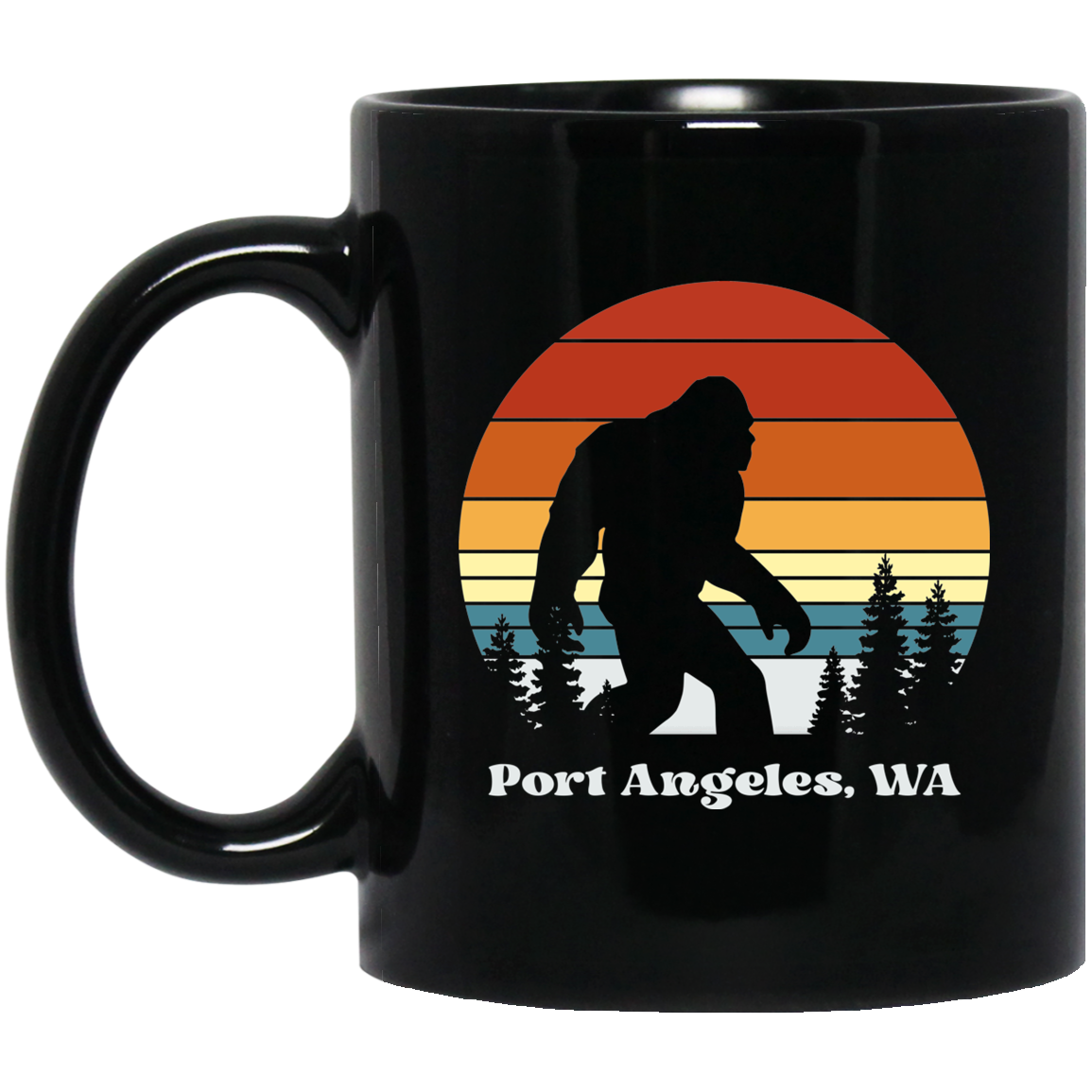 Retro Sunset Sasquatch - Port Angeles Black Mugs