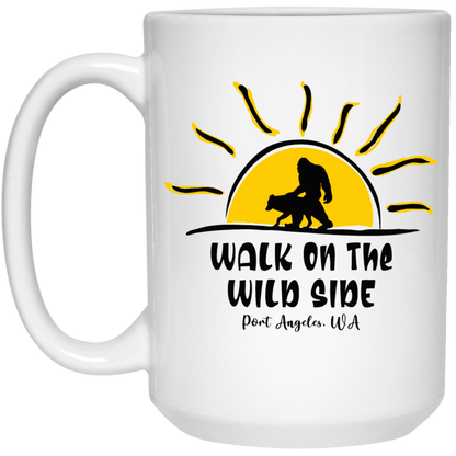 Sasquatch and Wolf Sunset - WILD SIDE - PA White Mugs