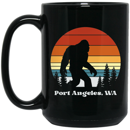 Retro Sunset Sasquatch - Port Angeles Black Mugs